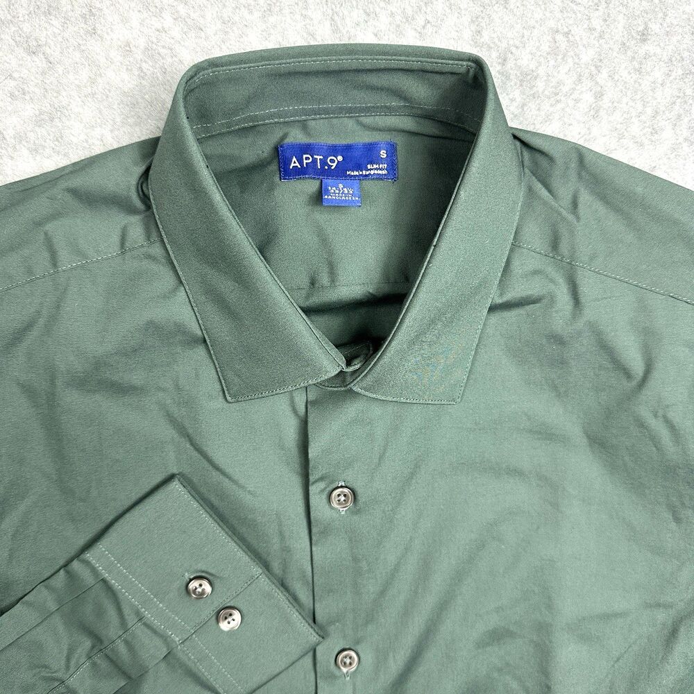 Apt. 9 Mens Dress Shirt Green Regular Fit Cotton Stretch Small 14-14.5 32/33 New